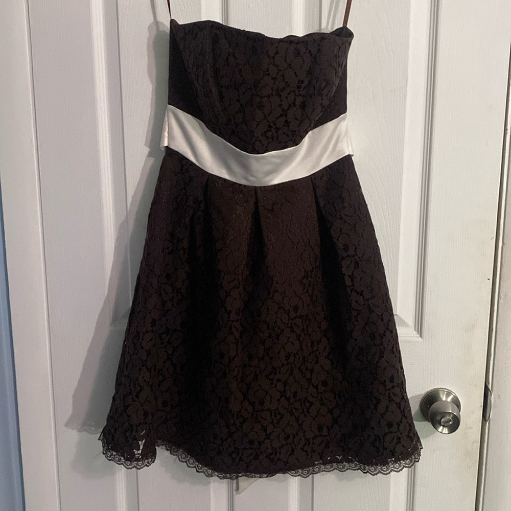 Studio Y, small floral brown strapless prom dress, mini